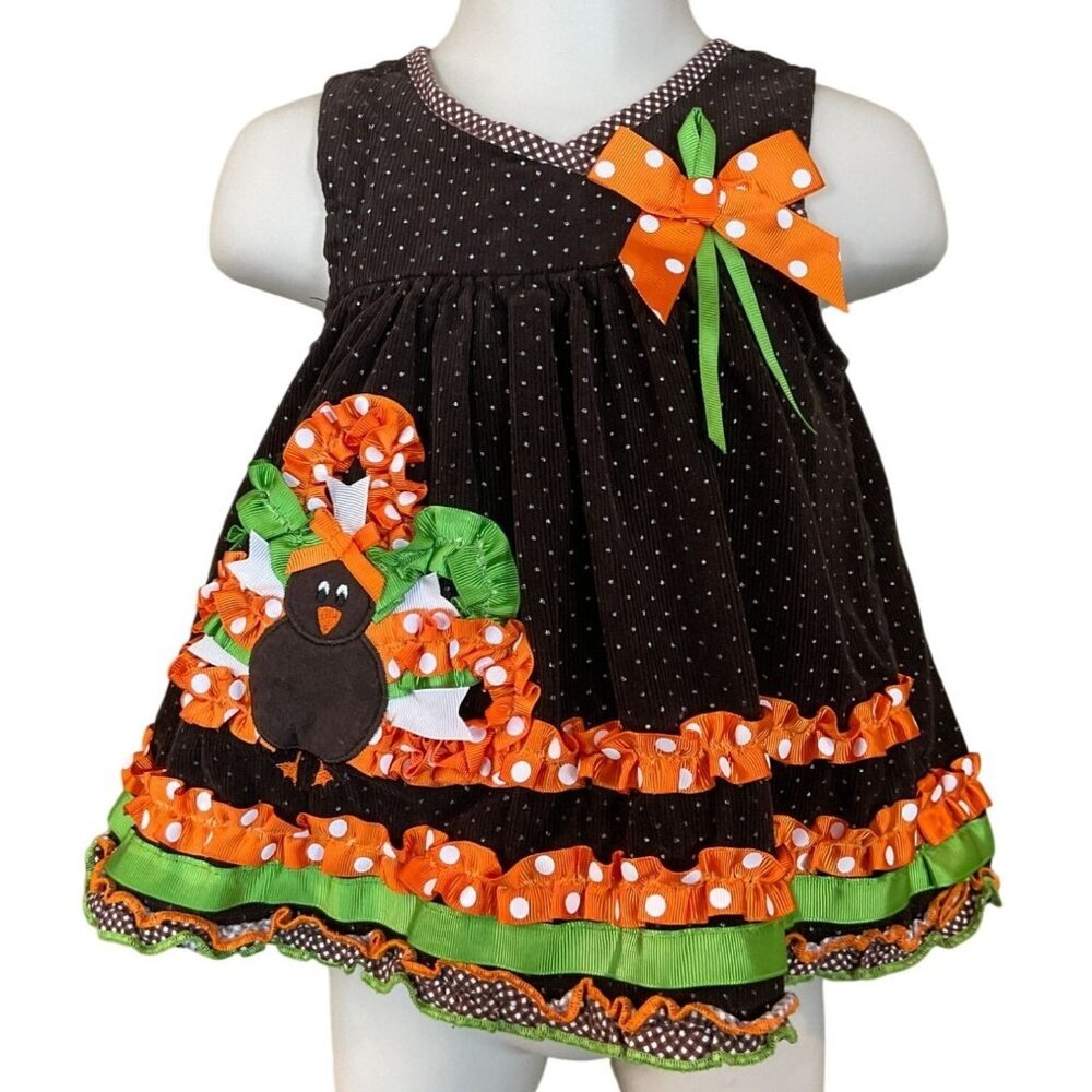 Bonnie Baby Sleeveless Brn Polka Dot Cord Jumper Ribbons Turkey Applique 6-9 Mos